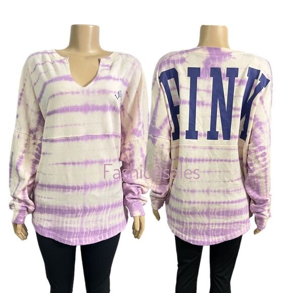 Victorias Secret Pink Varsity Crew Sweatshirt purple cream tie dye pullover - Picture 2 of 5
